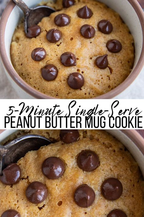 Peanut Butter Cookie in a Mug - This single-serve Peanut Butter Cookie in a mug is the perfect size for one or two people! Made with six basic pantry ingredients, this easy on-demand dessert is ready in less than 5 minutes. #peanutbutter #dessert #glutenfree Peanut Butter Cookie Mug, Cookie Mug Cake, Mug Cookie Recipes, Mug Dessert Recipes, Peanut Butter Mug Cake, Microwave Mug Recipes, Cookie Mug, Dessert In A Mug, Chocolate Chip Mug Cake