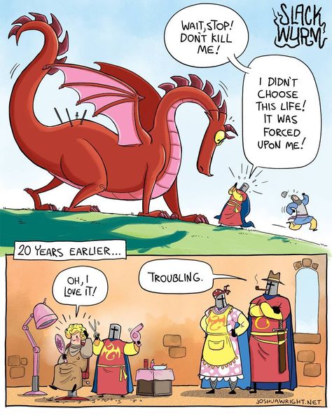 Sir Dragonkill's parents did not appreciate his talents. #dragons #knight #comic #webcomic #webcomicseries #youth #child #dreams #hairdresser #barber Slack Wyrm, D D Funny, 4 Panel Life, Dragon Comic, Dungeons And Dragons Memes, Dragon Memes, Dnd Funny, Me Sticker, Online Comics