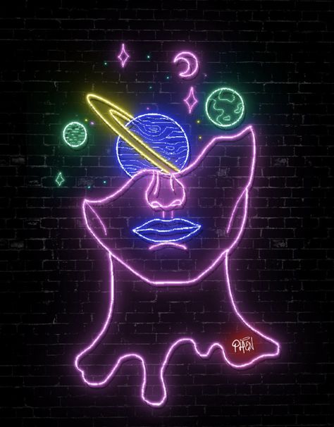 Neon Space Painting, Neon Space Aesthetic, Neon Art Drawings, Neon Light Drawing, Neon Aesthetic Art, Neon Painting Ideas Easy, Neon Sign Painting, Neon Drawings, Post Cyberpunk