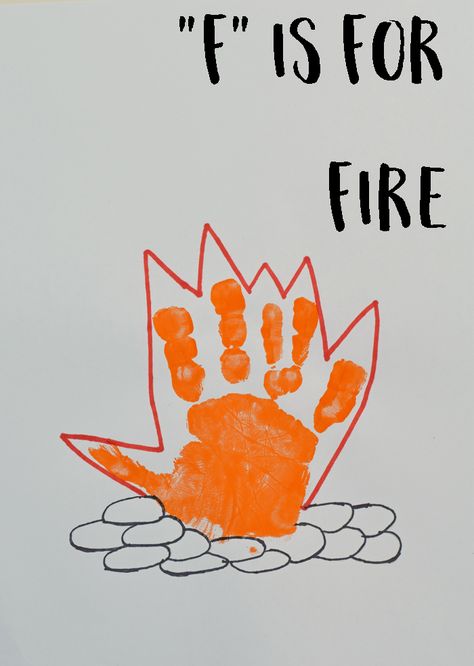 Letter F "Fire" Handprint Art for Preschoolers Handprint Fire Craft, Fire Safety Art For Infants, F Art Preschool, Letter F Handprint Craft, Letter F Art For Toddlers, Fire Prevention Week Toddlers, Preschool Letter F Crafts, Fire Safety Art Preschool, Letter F Crafts For Preschool