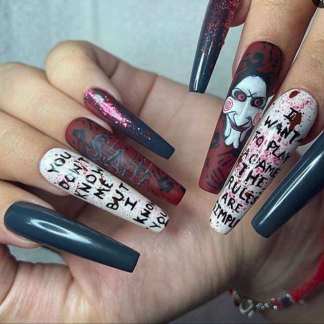 Saw Nail Art, Saw Movie Nails, Saw Halloween Nails, Jigsaw Nails Halloween, Saw Nails Halloween, Jason Nails Halloween, Jigsaw Nails, Nail Ideas For Couples, Halloween Nails Red