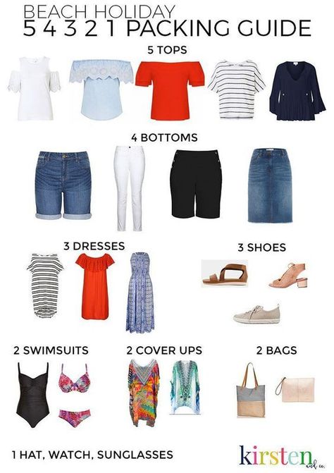 54321 Packing, Beach Holiday Packing, Beach Holiday Wardrobe, Beach Vacation Packing, Extra Petite, Packing Guide, Holiday Packing, Travel Capsule Wardrobe, Beach Vacation Outfits