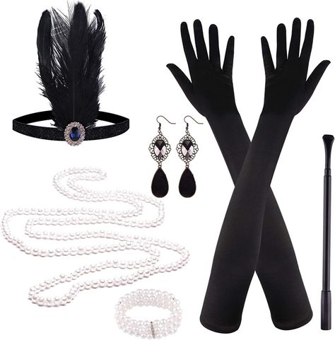 Amazon.com: FEPITO 1920s Great Gatsby Accessories Set for Women Flapper Headpiece Headband : Clothing, Shoes & Jewelry Great Gatsby Accessories, Flapper Girl Costumes, Long Black Gloves, Gatsby Accessories, Flapper Hair, Flapper Accessories, Flapper Headpiece, Gatsby Headband, 1920s Headpiece