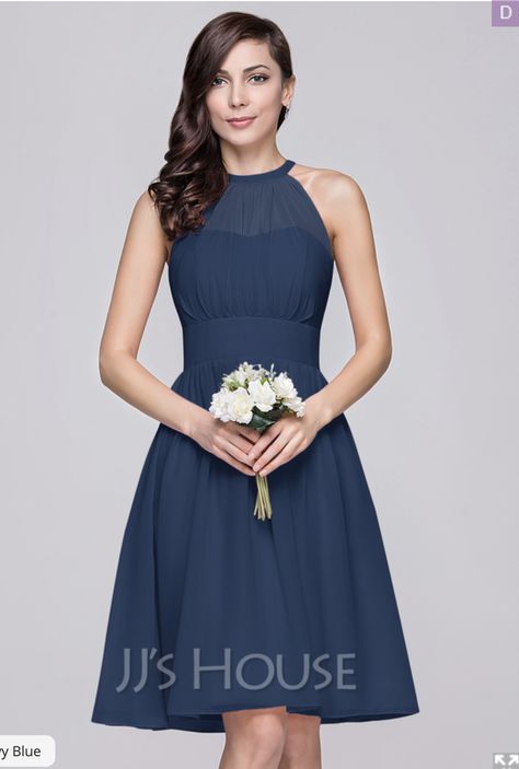 Chiffon Bridesmaid Dress, Chiffon Bridesmaid, Bridesmaid Dress, Knee Length, Scoop Neck, A Line, Bridesmaid Dresses, Chiffon, Navy Blue