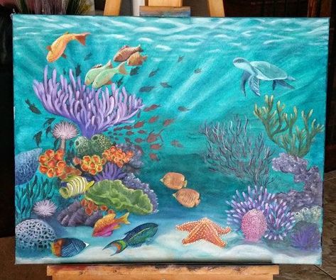 Sea Painting Ideas, Painting Underwater, Sea Life Painting, Underwater Painting, Bawah Air, Sea Life Art, Underwater Scene, Coral Art, Underwater Art