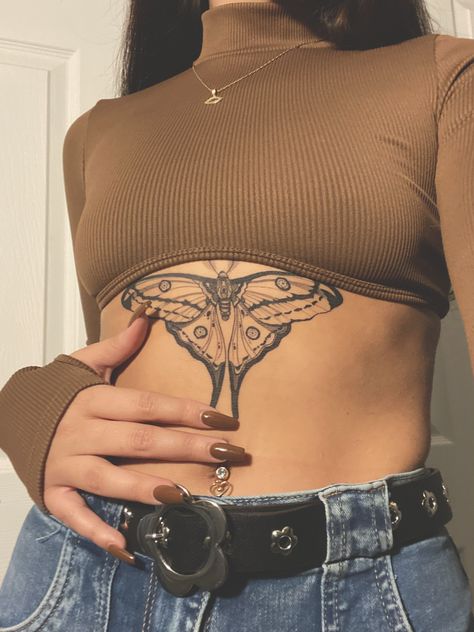 Different Moth Tattoos, 3 Moths Tattoo, Phoenix Tattoo On Side, Moth Aesthetic Tattoo, Moth Tattoo Stomach Woman, Moth Tattoo On Sternum, Moth On Stomach Tattoo, Moth On Sternum, Moth Belly Tattoo