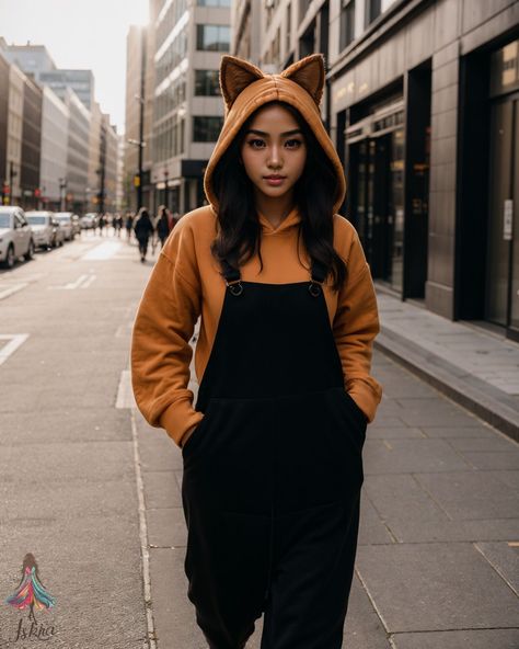 Today's look is all about comfort, fun, and a bit of cuteness. I'm wearing a cosy orange hoodie that has the cutest cat ears on the hood!! The hoodie is super soft and perfect for those crisp city mornings when you need an extra layer of warmth. Paired with my hoodie, I'm rocking a pair of black overalls that are both stylish and functional. These overalls have a relaxed fit with roomy pockets, making them ideal for a day out exploring the city. The combination of the orange hoodie and black... Cutest Cat, Orange Hoodie, Black Overalls, Dungarees, Cat Ears, The Cutest, Cute Cat, Overalls, Relaxed Fit