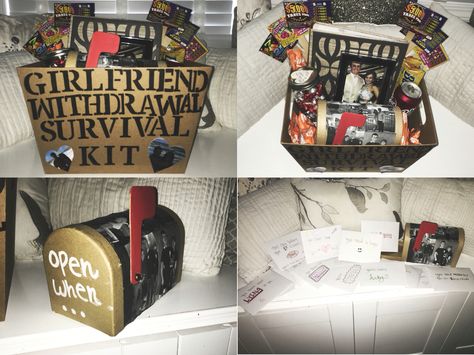 Girlfriend withdrawal survival kit and open when letters gift idea for boyfriend leaving for college Long Distance Survival Kit, College Gifts For Boyfriend, Basketball Boyfriend, Gift Idea For Boyfriend, Idea For Boyfriend, Letters Gift, Boyfriend Ideas, Boyfriend Gift Basket, Open When Letters