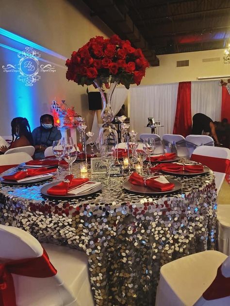 Red Black White Silver Party Decorations, Red And Silver Party Decor, Red White And Silver Party Decorations, Red And Silver Quince, Red And Silver Quinceanera Ideas, Red Quince Theme, 50th Birthday Celebration Ideas, Red Silver Wedding, Black Silver Wedding