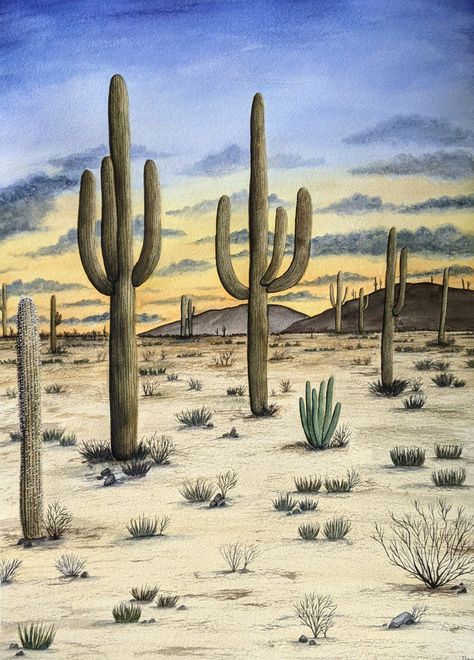 Saguaro Cactus Watercolor Painting, Saguaro Cactus Painting, Saguaro Painting, Cactus In The Desert, Desert Watercolor, Cactus Scene, Desert Landscape Art, Desert Scenes, Arizona Art