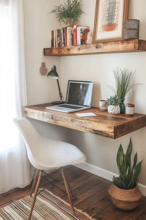 "Maximize your workspace with DIY Floating Desks! 🛠️💻 Perfect for creating a sleek and space-saving solution for your home office. 🌟✨ #DIYDesks #HomeOffice #WorkspaceInspo" Floating Study Desk, Floating Desk And Shelves, Floating Desk Diy, Kitchen Snug, Emily Room, Diy Floating Desk, Floating Desks, Hanging Desk, Minimal Desk