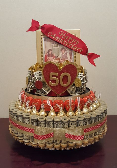 50th Anniversary Gifts Diy, 50th Anniversary Gift Ideas, 50th Wedding Anniversary Gift Ideas, Money Gift Ideas, Money Cakes, Wedding Goodies, Anniversary Gift Diy, 50 Wedding Anniversary Gifts, Money Cake