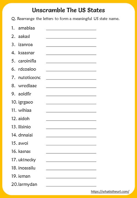 US States Word Scramble Worksheets Worksheets For Middle Schoolers, Scramble Words Worksheet, Unscramble Words Worksheets, Word Scramble With Answers, Word Scramble For Kids, 8th Grade English, 6th Grade Worksheets, Unscramble Words, Scramble Words