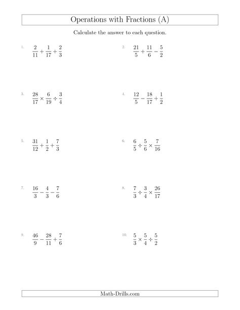 New! Mixed Operations with Three Fractions Including Improper Fractions (A) Math Worksheet #freemath Improper Fractions Worksheet, 10th Grade Math Worksheets, Mixed Fractions Worksheets, Subtraction Facts Worksheet, Free Fraction Worksheets, Multiplying Fractions Worksheets, Negative Numbers Worksheet, Simplifying Rational Expressions, Math Fractions Worksheets