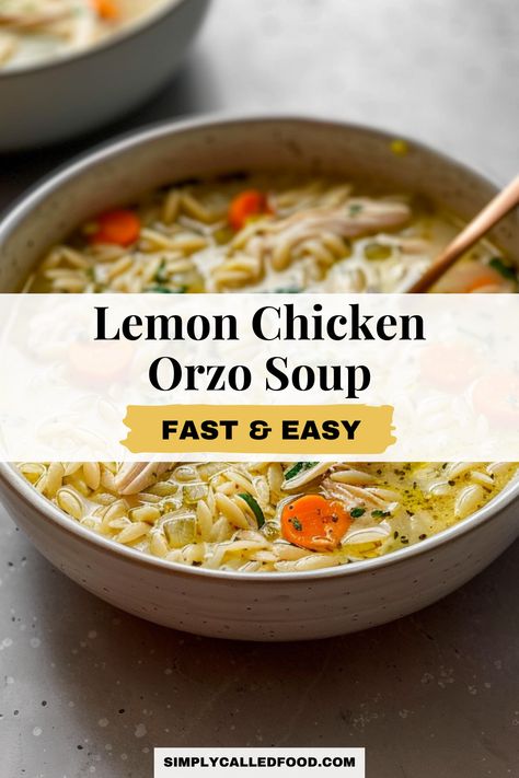 Savor an easy lemon chicken orzo soup recipe, a fast, simple homemade meal that's the best of Greek cuisine. This creamy, healthy Mediterranean dish is loaded with vegetables and customizable with kale, spinach, dill, or egg. You can prepare lemon chicken orzo soup in a Crock Pot, instant pot, slow cooker, pressure cooker, or stove top. For this lemon chicken orzo soup recipe and more soup recipes, visit simplycalledfood.com. Greek Lemon Soup Orzo Rotisserie Chicken, Italian Chicken Soup Recipes, Chicken Orzo Soup Instant Pot, Lemon Chicken Soup With Orzo, Soup In A Crock Pot, Soup In Instant Pot, Greek Lemon Soup, Lemon Orzo Soup, Easy Lemon Chicken