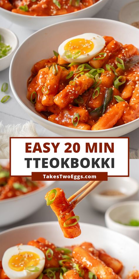 This EASY 20 minute Tteokbokki recipe is packed with soft and chewy rice cakes smothered in a sweet and spicy umami sauce. These Korean rice cakes are so easy to make but absolutely irresistible. Say hello to your new favorite go-to comfort food! Gochujang Rice Cakes, Spicy Rice Cake Recipe, Teokkboki Rice Cake, Spicy Korean Rice Cake Recipes, Rice Cake Sauce Recipe, Rice Cake Tteokbokki, Rice Cakes Recipe Korean, Rice Cake Noodle Recipes, Tteokbokki Recipe Without Gochujang