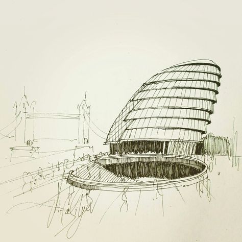 Norman Foster Sketch, City Hall London, Norman Foster Architecture, Graphic Architecture, Architecture Sketches, Architectural Sketches, Norman Foster, Architecture Sketch, London City