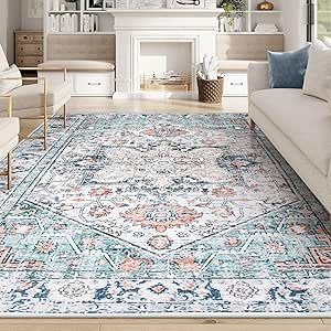 Sungea 8x10 Area Rug for Living Room,Vintage Washable Rug Non Slip Bedroom Carpet,Oriental Low Pile Large Dining Room Rug,Distressed Floor Rug for Office Home Decor(Blue,8'x10') Blue And Gold Rug, Rug For Office, Distressed Floors, 8x10 Area Rug, Floor Rugs Living Room, Blue And White Rug, Living Room Vintage, 8x10 Rug, Home Decor Blue