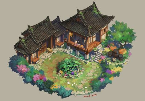 Japanese Minecraft Builds, Traditional Korean House, Book Illustration Layout, Japanese Village, House Concept, Bangunan Minecraft, Teapot Design, Sims House Design, Forest Spirit