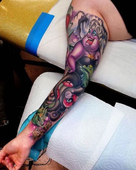 coloured-disney-ariel-inspired-sleeve-tattoo-arm-tattoos-for-women-white-paper-napkins New School Tattoo Sleeve, Ursula Tattoo, Tattoo Sleeve Color, Disney Sleeve Tattoos, Quarter Sleeve Tattoos, Skull Sleeve Tattoos, Full Sleeve Tattoo Design, Tattoo Trend, Tattoo Zeichnungen