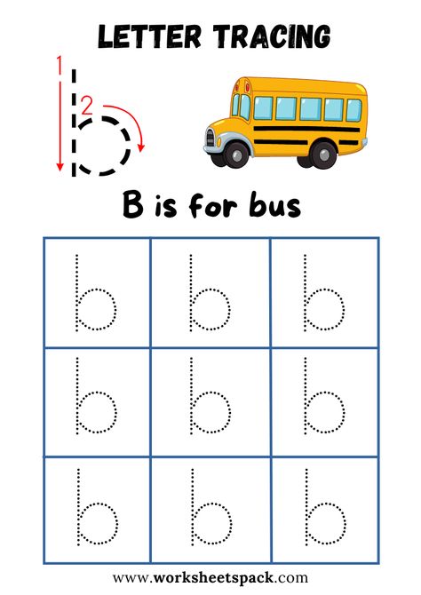 Lowercase Letter B Tracing Worksheet Printable, B is for Bus - Printable and Online Worksheets Pack Lowercase B Worksheet, Lower Case Letters Worksheets, Letter B Tracing Worksheets Preschool, Letter B Worksheets For Kindergarten, Letter B Writing Practice, Letter B Tracing Worksheet, B Worksheets Preschool, B Is For Craft, B Activities For Preschool