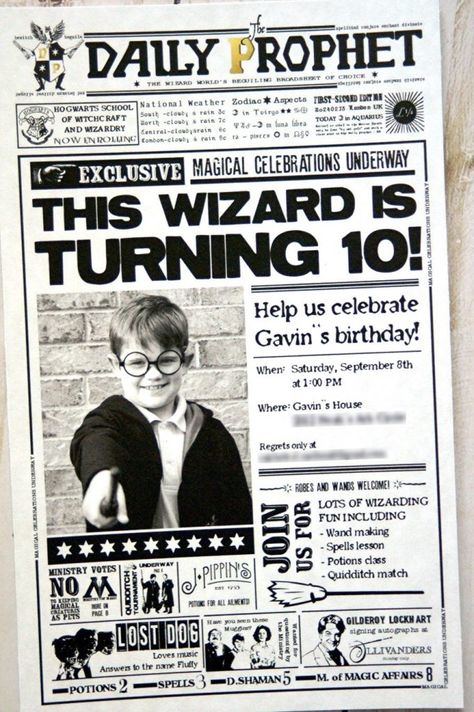 Invite your guests to a Harry Potter birthday party with this Daily Prophet printable invitation! Harry Potter Birthday Party Invitations Free Printable, Harry Potter Birthday Invite, Harry Potter Birthday Invitations Free, Harry Potter Invitations Printable Free, Daily Prophet Printable Free, Harry Potter Invitations Birthday, Backyard Quidditch, Harry Potter 30th Birthday Party, Octoberfest Decor