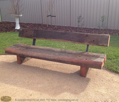 TK Tables details on the railway sleeper rustic seat with back support Sleeper Bench, Rustic Bench Seat, Garden Bench Seat, Wooden Bench Seat, Outdoor Alfresco, Garden Bench Seating, Outdoor Bench Seating, Rustic Wooden Bench, River Retreat