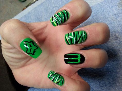 Fox racing/monster nails!!!!!! Dirt Bike Nails Designs, Monster Energy Nails Designs, Kawasaki Nails, Dirt Bike Nails, Motocross Nails, Fox Racing Nails, Supercross Nails, Bike Nails, Monster Energy Nails