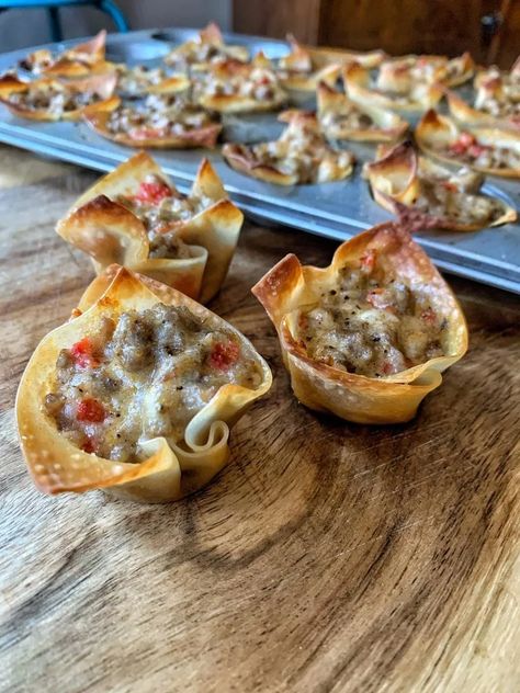 Wonton Bites, The Tipsy Housewife, Sausage Bites, Tipsy Housewife, Cheese Wontons, Cream Cheese Wontons, Wonton Recipes, Easter 2024, Sausage Bake