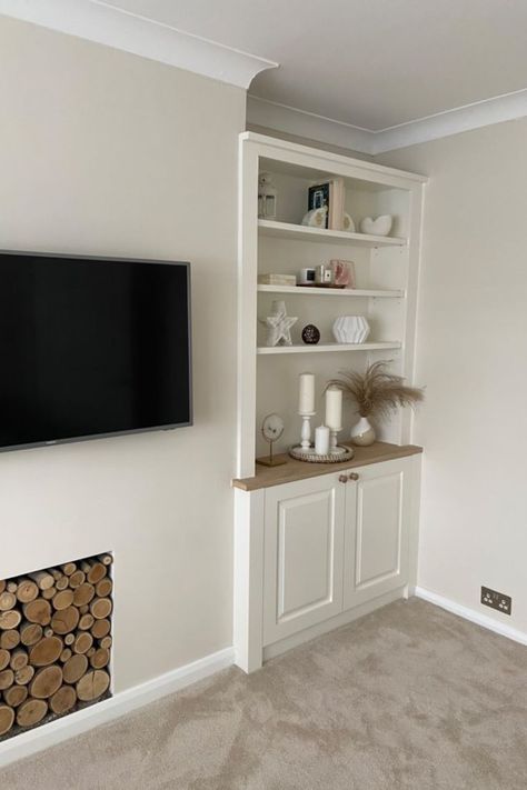 Pictured is a traditional style alcove unit featuring raised panel doors & oak base top, painted in Wimborne White by Farrow and Ball. With over 25 years experience in the fitted furniture industry, there’s not a ‘fitted furniture’ scenario we’ve not come across before. You will value our expert consultancy. Enjoy the satisfaction of installing your own cabinets made at our workshop in West Sussex. Alcove Tv Cabinet, Bedroom Panelling, Alcove Cabinets, Alcove Cupboards, Lounge Room Styling, Diy Cupboards, Buying First Home, Wimborne White, Wooden Panelling