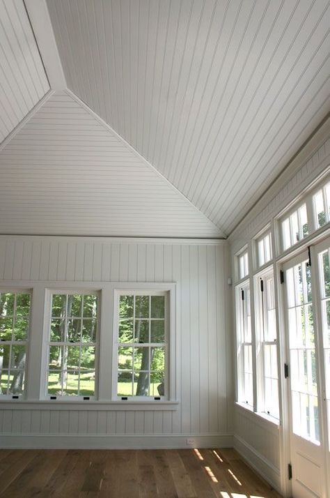 Modern Farmhouse Sunroom, Sunlight Room, Sunroom Inspiration, Farmhouse Sunroom, Sunroom Makeover, Bead Board Walls, Four Seasons Room, Shiplap Ceiling, Modern Doors