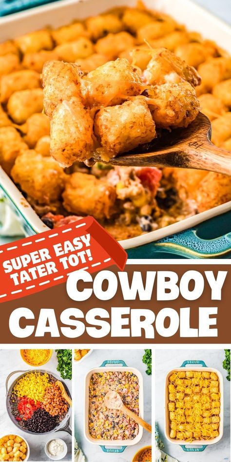 Savory sloppy joe filling gets loaded with crunchy tater tots then sprinkled generously with melty cheddar for this fun, kid approved cowboy casserole that makes crazy good weeknight dinners achievable on busy nights. Tater tot cowboy casserole, cowboy casserole recipes, ground beef casserole recipes. Taco Casserole Bake With Tator Tots, Taco Cowboy Casserole, Cowboy Casserole Recipe Tater Tots, Cowboy Tatertot Casserole, Sloppy Joe Casserole With Tater Tots, Cowboy Casserole Tater Tots, Easy Pot Luck, Easy Pot Luck Dishes, Tater Tot Casserole With Ground Beef