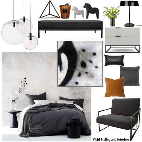 Apartment Loungeroom, Masc Bedroom, White Studio Room, White Walls Bedroom, Interior Design Learning, Japandi Black, Modern Mid Century House, Home Studio Decor, Black And White Studio