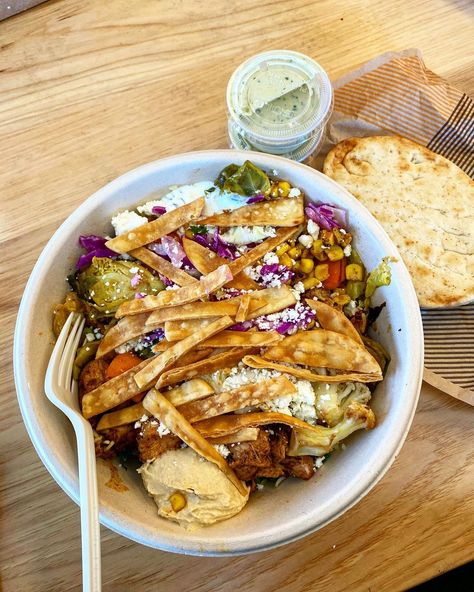 Shelby Dodge 🍰 on Instagram: “my go-to Cava order: greens & grains bowl, tzatziki, hummus, chicken, veggies, pita, cabbage slaw, feta, corn, and lemon-herb tahini 😍 . .…” Grain Bowl, Lemon Herb, Cabbage Slaw, Beautiful Bowls, Food Goals, Tahini, Pita, Pulled Pork, Hummus