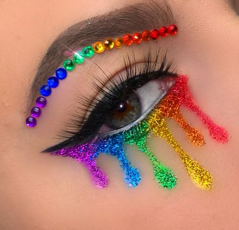 Inspired by the love and the creative makeup on the show! Makeup With Rhinestones, Rainbow Eye Makeup, Festival Make Up, Rhinestone Makeup, Makeup Hacks Beauty Secrets, Pride Makeup, Face Art Makeup, Rave Makeup, Rainbow Makeup