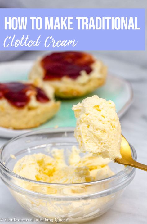 Deliciously thick and creamy English Clotted Cream is surprisingly easy to make. Heavy Whipped Cream that is not ultra-pasteurized and patience are all you need. This recipe for clotted cream takes a minimum of 24 hours to make so make sure you plan ahead.   #confessionsofabakingqueen #clottedcream #scones #englishscones #britishscones #afternoonteareipes #afternoonteascones #dessert #cbqbakes via @lizwaterson Clotted Cream Recipe, Clotted Cream Recipes, Afternoon Tea Scones, British Scones, English Scones, Rhubarb Muffins, Afternoon Tea Recipes, Brunch Recipe, Chocolate Chip Pancakes