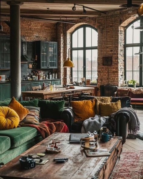 studio apartment decor • Instagram Industrial House Aesthetic, Nyc Living Room Apartment, Industrial Living Rooms, Industry Aesthetic, Studio Apartment Decor, Modern Industrial Living Room, Industrial Living Room Design, Industrial Studio, Environmental Architecture