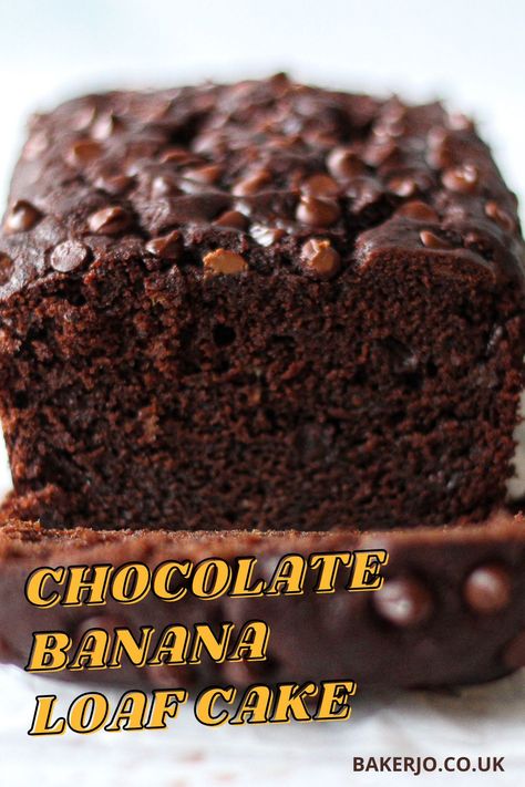 A delicious balance of deep chocolate and sweet banana flavour, this chocolate banana loaf cake is light and moist. The best easy double chocolate banana bread recipe! Cakes Using Bananas, Banana Chocolate Loaf Cake, Chocolate Banana Cake Recipe Moist, Banana Bread Loaf Recipe, Loaf Cake Flavours, Chocolate And Banana Cake, Double Chocolate Banana Bread Recipe, Banana Loaf Cake, Banana Chocolate Cake