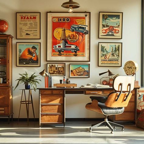 7+ Vintage Office Wall Decor Ideas for a Retro Touch • 333+ Art Images Retro Office Ideas, Retro Office Design, Rich Office, Office Wall Decor Ideas, Retro Home Office, Retro Office Decor, Retro Shelves, Antique Wall Clocks, Retro Graphic Design