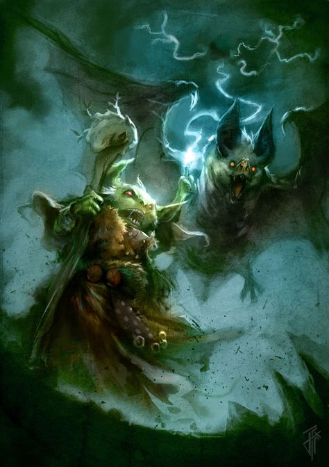 Goblin Druid, Julien Carrasco on ArtStation at https://www.artstation.com/artwork/KzVGo Goblin Druid, Goblin Wizard, Dnd Druid, Goblin Art, Types Of Magic, Pathfinder Character, Humanoid Creatures, Goblin King, Heroic Fantasy