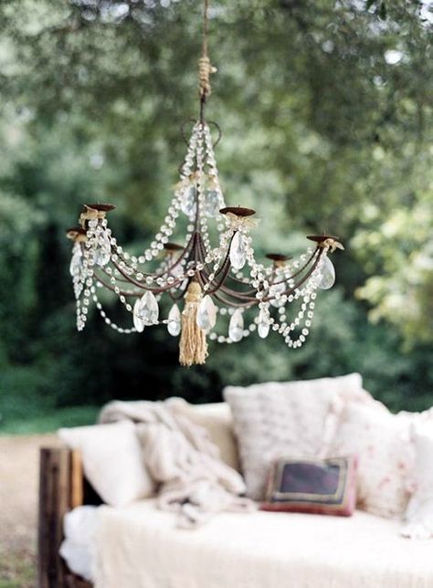 40 Stylish Garden Chandelier Ideas - Bored Art Old Chandelier, Bohemian Garden, Upcycle Garden, Outdoor Chandelier, Santa Barbara Wedding, The Ceiling, Garden Spaces, Decoration Design, Event Decor