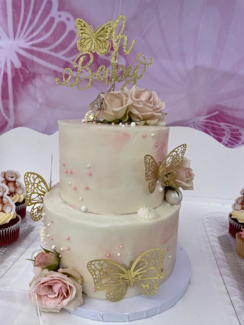 Boho Butterfly Cake, Flower And Butterfly Cake, A Little Butterfly Is On Her Way Baby Shower Theme, Enchanted Baby Shower Cake, Pink Butterfly Baby Shower Ideas, Baby Shower Butterfly Cake, Pink And Gold Baby Shower Ideas, Butterfly Baby Shower Ideas Centerpieces, Butterfly Baby Shower Ideas Decoration