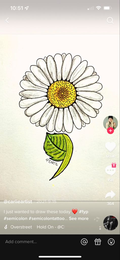 Daisy semicolon tattoo by @carlieartist on TikTok. Flower Semi Colon Tattoos For Women, Semi-colon Tattoo Floral, Flower With Semicolon Tattoo, Daisy And Semicolon Tattoo, Flower And Semicolon Tattoo, Daisy Tattoo With Semi Colon, Sunflower Semi-colon Tattoo Design, Colon Tattoo, Semicolon Tattoo