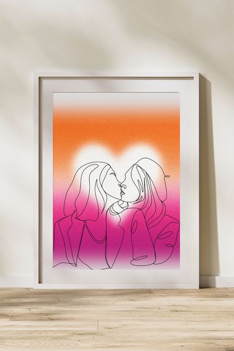 Lesbian Paintings Canvases, Lesbian Room Decor, Lesbian Decor, Lesbian Art Print, Kissing Art, Pride Month 2022, Queer Vibes, Aura Heart, Flag Wall Decor