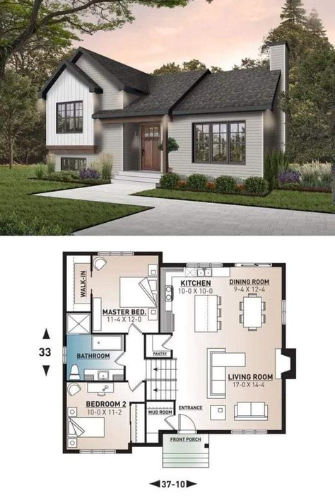 Small 2 Bedroom Bungalow Floor Plans, 1.5 Floor House Plans, Small House Design 1 Floor, Scandinavian Exterior Design Small House, Suburb House Floor Plans, Small Modern House Plans One Story, 2 Bedroom House Exterior, Sims 4 Bungalow Floor Plan, Small Scandinavian House Exterior