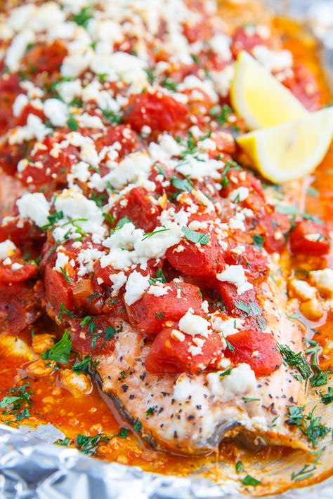 Salmon in a Tomato and Feta Sauce (aka Salmon Saganaki) Feta Dishes, Saganaki Recipe, Feta Sauce, Tomato And Feta, Salmon Baked, Feta Cheese Recipes, Closet Cooking, Feta Recipes, Recipes Fish