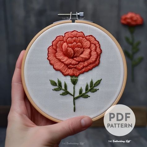 TheEmbroideryLoftCo - Etsy Canada Carnation Embroidery Patterns, Embroidery Carnation Flower, Carnation Embroidery, Carnation Pattern, Modern Hand Embroidery Patterns, Embroidery Red, Garden Embroidery, Red Carnation, Carnation Flower