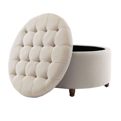 Round Storage Ottoman Living Room, Round Ottoman With Storage, Large Round Ottoman, Round Tufted Ottoman, Store Blankets, Sunroom Ideas, Swivel Club Chairs, Storing Blankets, Round Storage Ottoman