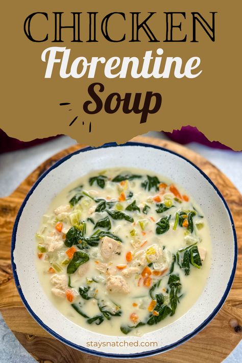 This Creamy Chicken Florentine Soup recipe is made with spinach, parmesan cheese, and a white wine cream sauce. This healthy dish is freezer-friendly, comforting, and a meal the whole family will enjoy. Creamy Chicken And Spinach Soup, Spinach Chicken Soup, Creamy Chicken Florentine, Chicken Florentine Soup, Florentine Soup, Wine Cream Sauce, White Wine Cream Sauce, Spinach Parmesan, Chicken Florentine