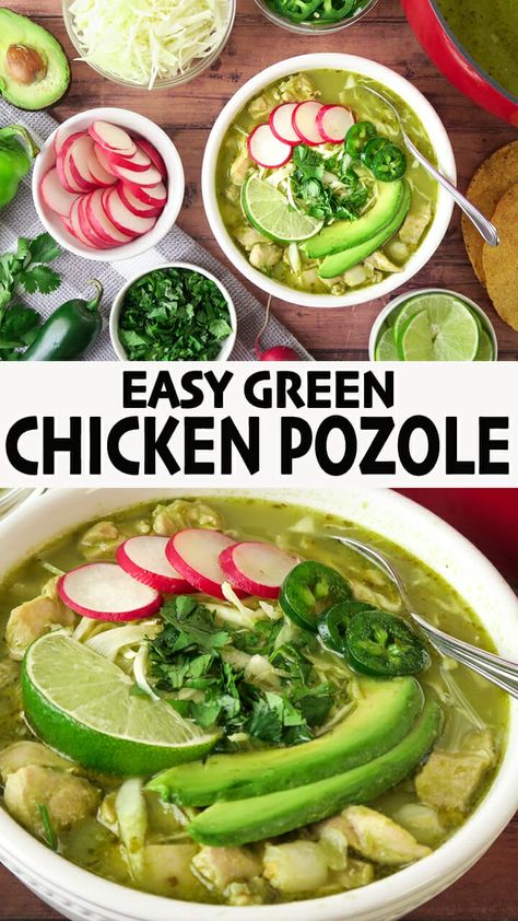 An easy simplified version of Chicken Pozole Verde (Green Pozole). A comorting healthy Mexican stew, with chunks of chicken and hominy in a green chile broth! This Pozole is made on the stove all in one pot! But, you can also make it in the Instant Pot or Crock Pot (instructions included). Click for the full detailed recipe and video! #mexicanfoodrecipes #chickenrecipe #stew #easyrecipe #glutenfreerecipes #healthyfood Green Chicken Pozole Recipe Crock Pot, Authentic Green Pozole Recipe Chicken, Green Posole Recipe, Green Chicken Pozole, Posole Recipe Chicken, Chicken Pozole Verde, Chicken Pozole Recipe, Green Pozole, Chicken Pozole